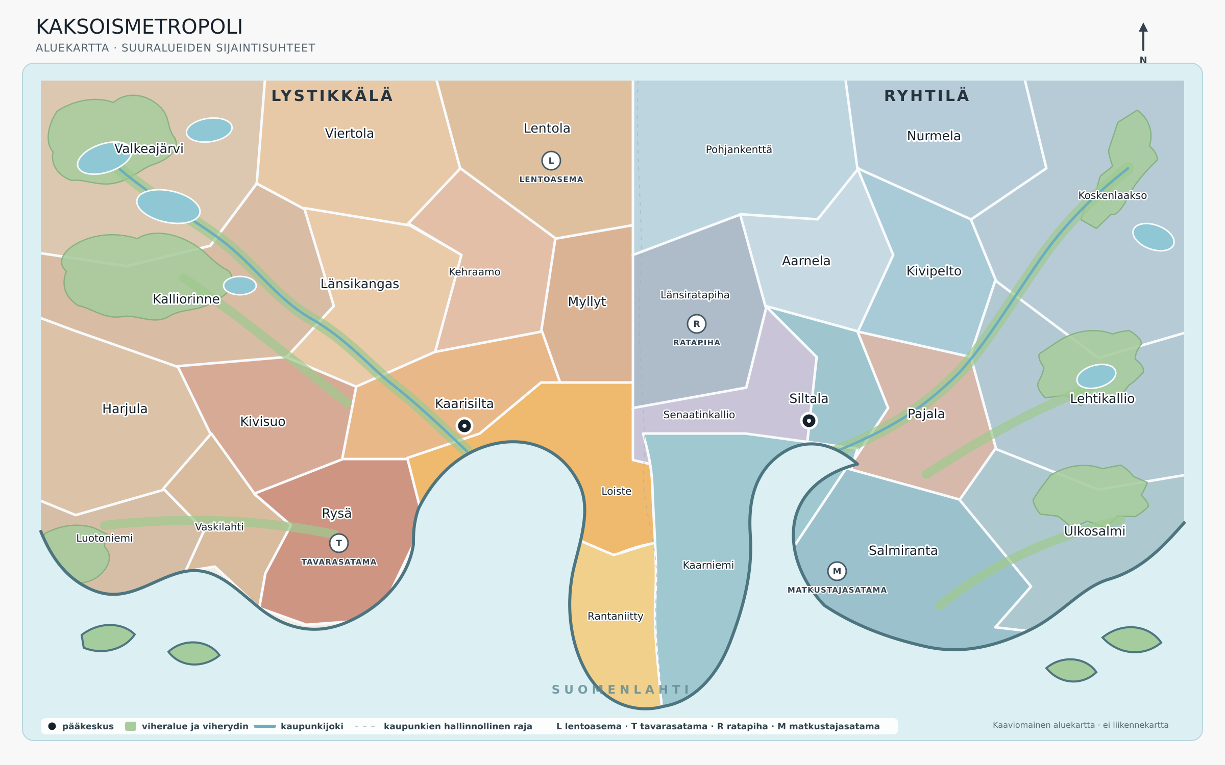Kaksoismetropolin aluekartta: Lystikkälä lännessä, Ryhtilä idässä ja kaupunkien 28 suuraluetta.