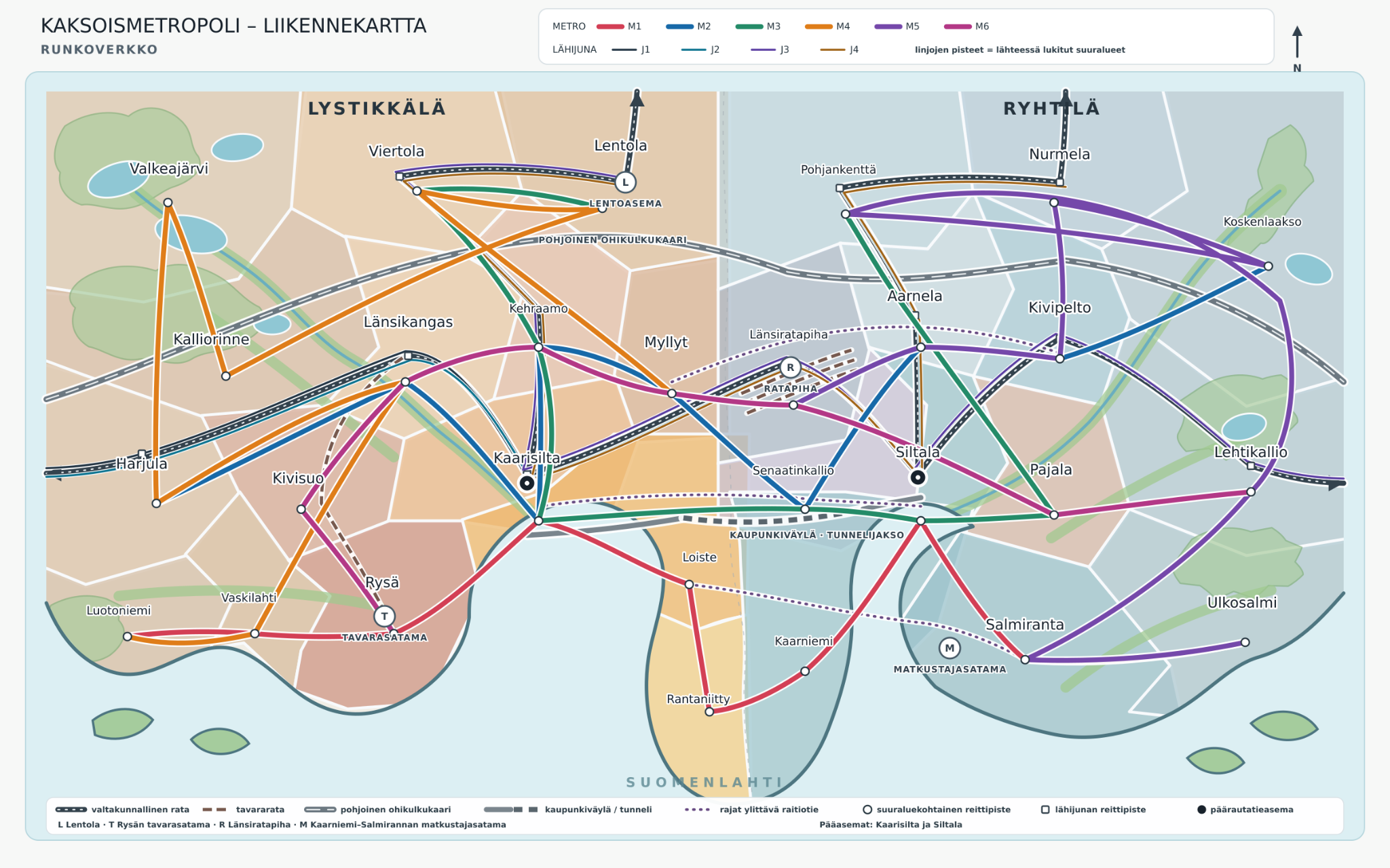 Kaksoismetropolin liikennekartta, jossa näkyvät pääradat, lähijunat, kuusi metrolinjaa, pääväylät, lentoasema, satamat ja ratapiha.