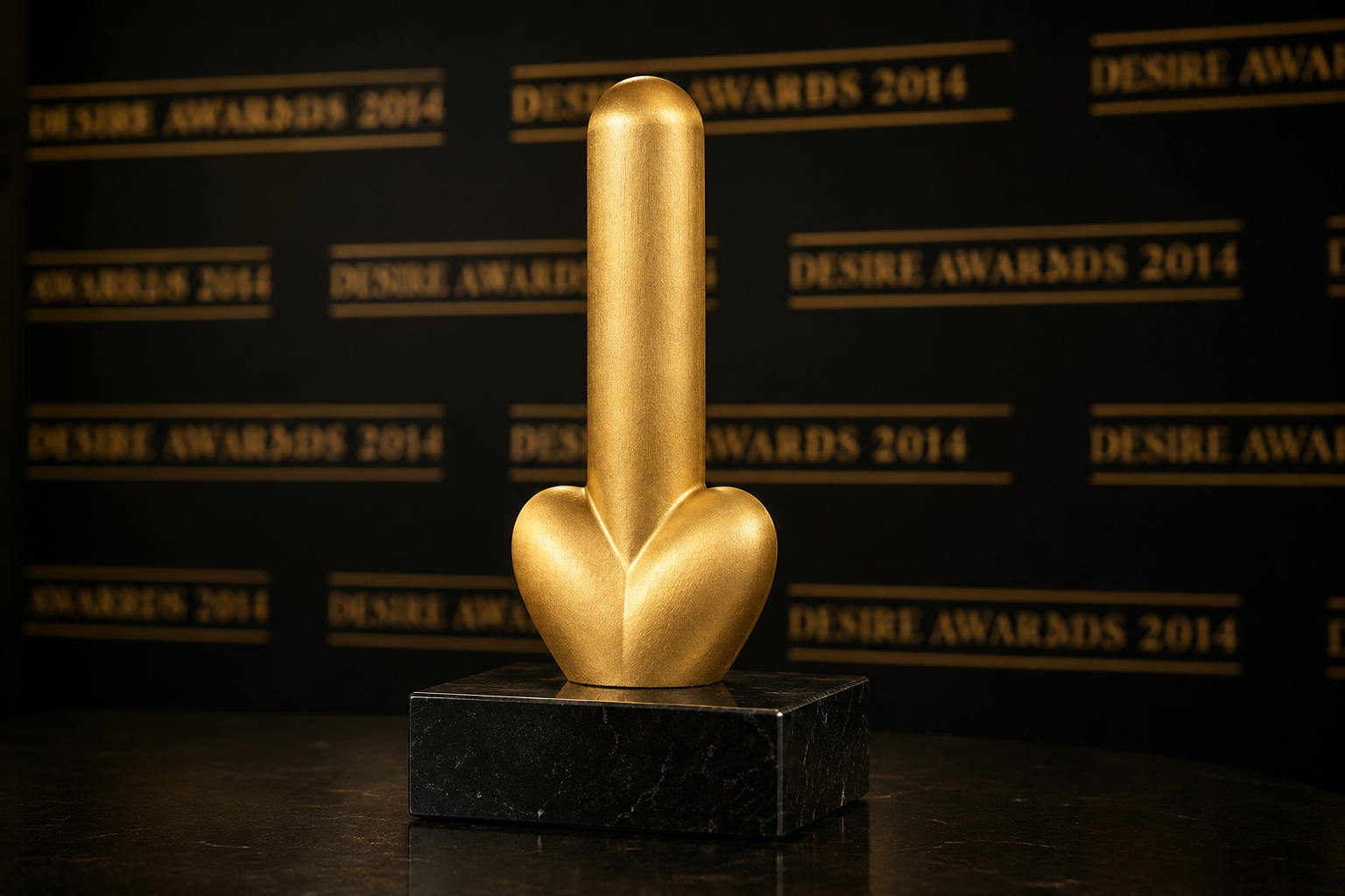 Kultainen falloksen muotoinen Golden Cock -palkintopatsas mustalla kivijalustalla Desire Awards 2014 -taustan edessä.